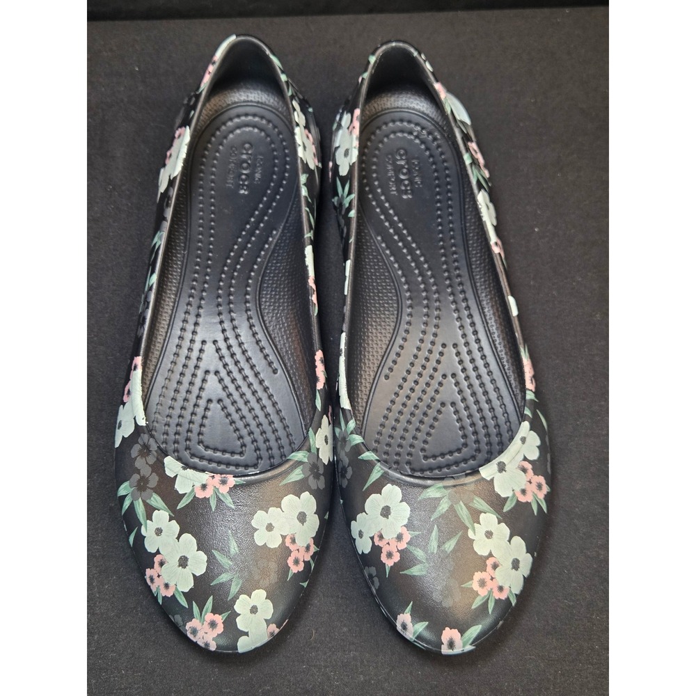 Crocs‎ Kadee Floral Flat Shoes Black Mint Pink Flowers Womens Size 8 205865-0C1